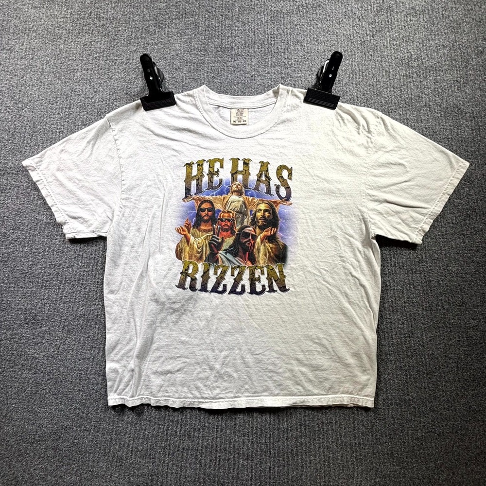 Comfort Colors T-Shirt Men 3XL White He Has Rizzen Jesus Graphic Meme Rap Cotton